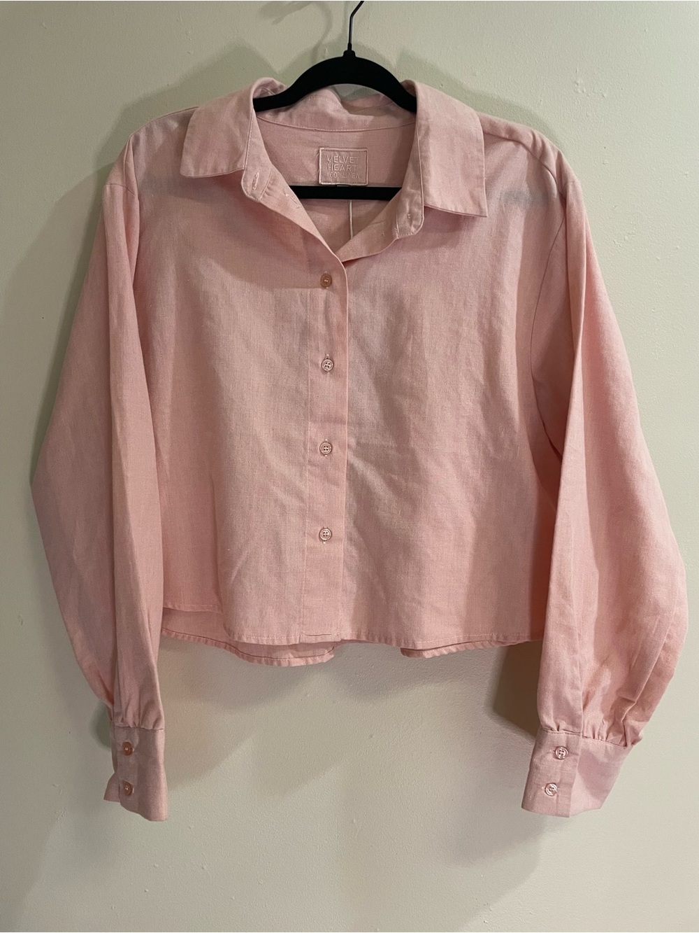 NWT Velvet Heart Blush Pink 100% Linen Cropped Button-Down Shirt Size L